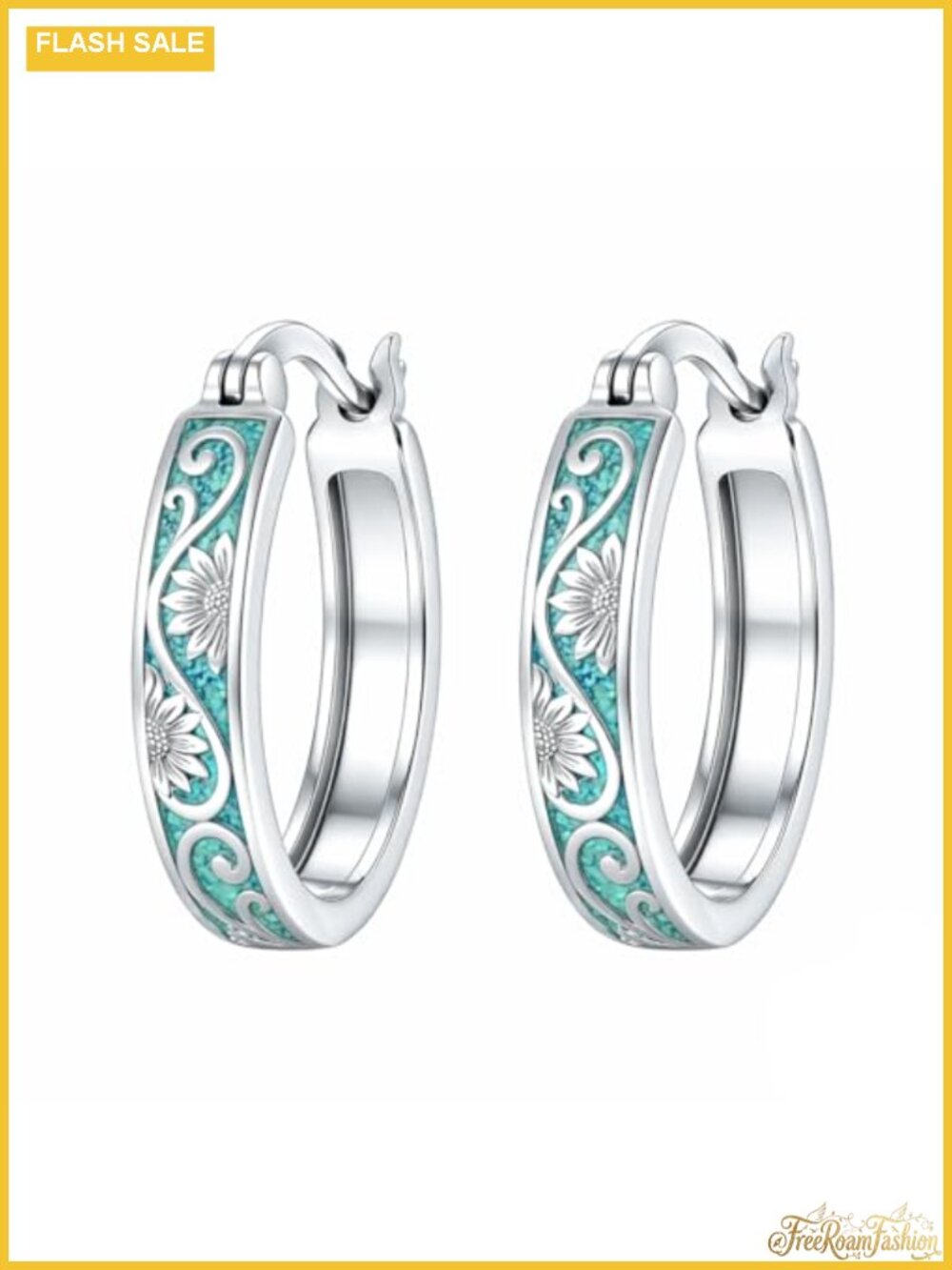 Sterling Silver Turquoise Sunflower Huggie Hoop Earrings 15mm
